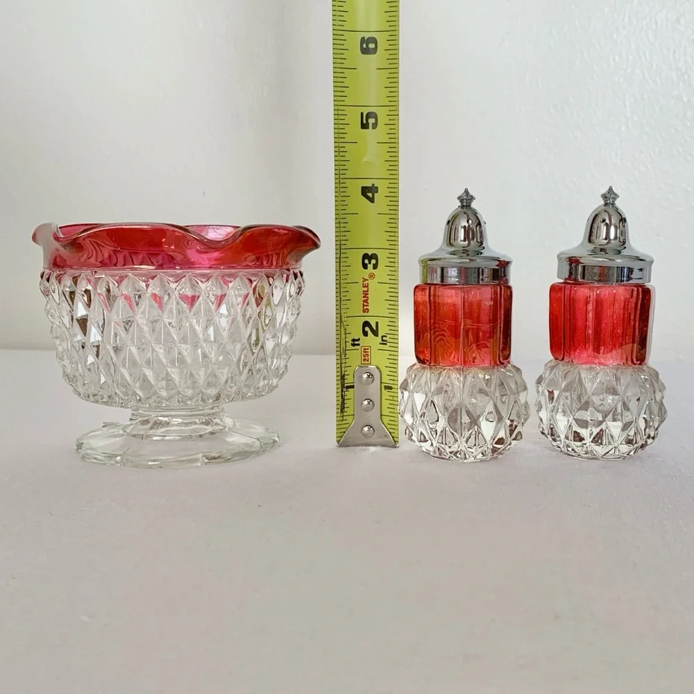 Indiana Glass Diamond Point Ruby Red Flashed Bowl and Salt & Pepper Shakers